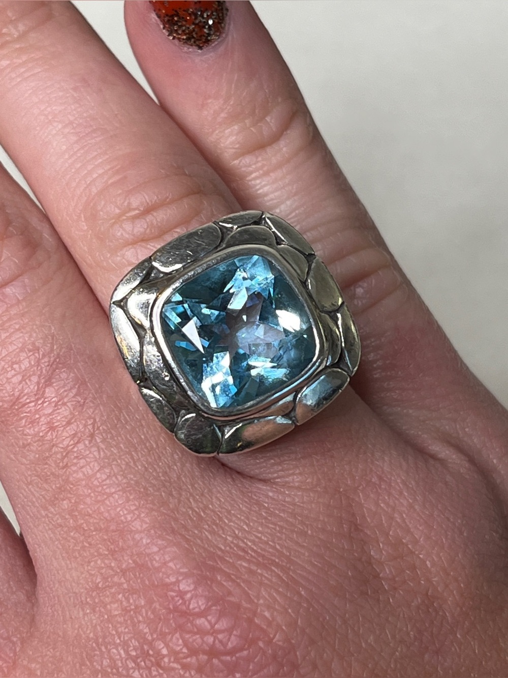 John Hardy 925 Sterling Silver Blue Topaz Kali Pebble Square Ring Size 7